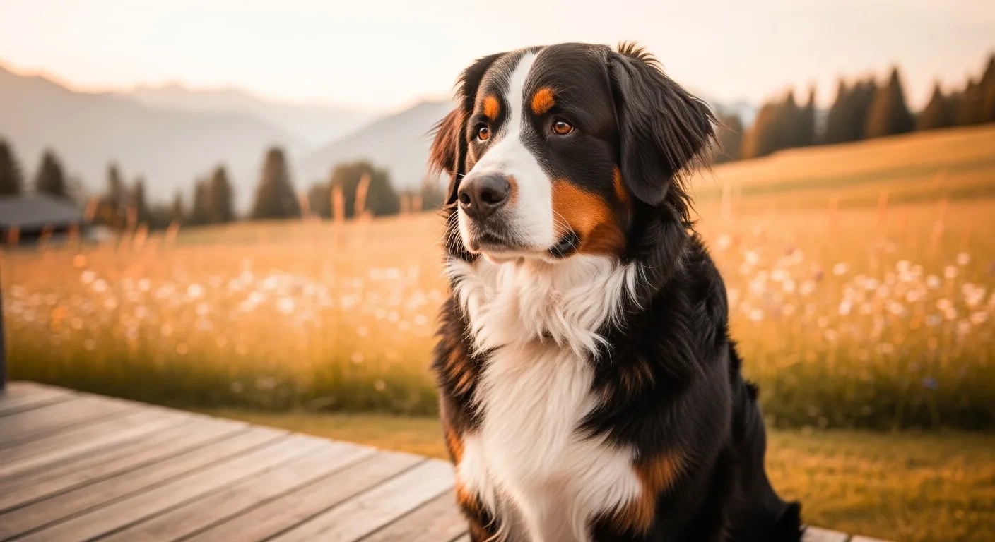 Bernese Dağ Köpegi — siyah-beyaz-konyak üç renkli, sakin dev köpek