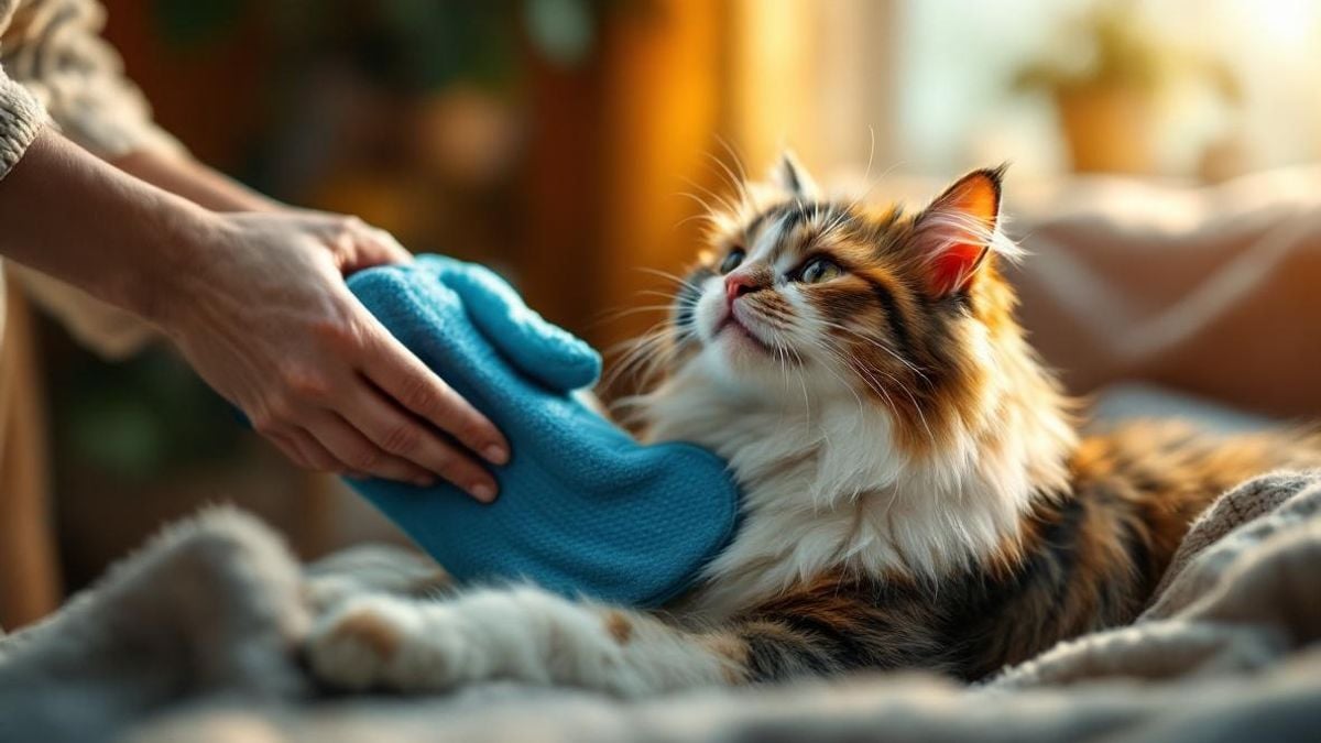 Tüylü dostunu nazikçe fırçalayan bir kedi sahibi